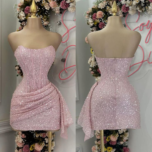 Pretty Sheath Strapless Pink Sequin Short Formal 8th Grade Homecoming Dresses Summer Middle School Hoco Dress Homecoming Outfits DH249