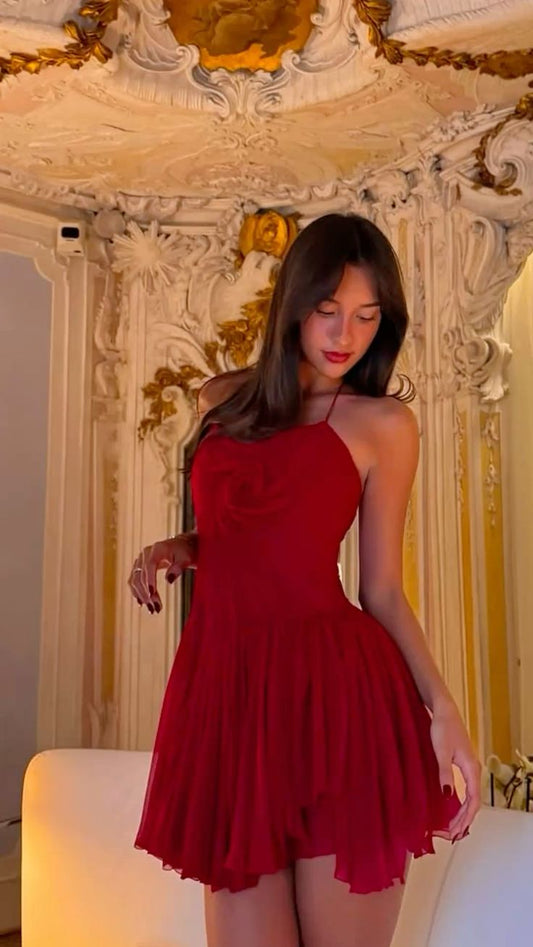 Jolie robe de soirée rouge en mousseline de soie, coupe licou, coupe trapèze, tenue de soirée pour 21e anniversaire, robe de remise de diplôme, robe de cocktail courte et courte, DH2491