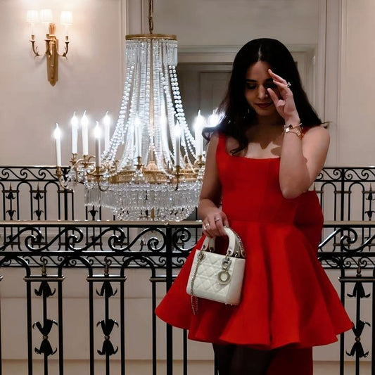 Jolie robe de bal à col carré en satin rouge, robe de soirée courte pour 16e anniversaire, robe de remise de diplôme, mini robe de cocktail DH2494
