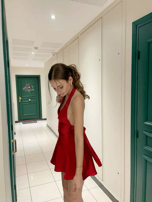Jolie robe de soirée en satin rouge à col licou, coupe trapèze, tenue de soirée pour 18e anniversaire, robe de remise de diplôme, robe de cocktail courte et courte, DH2495