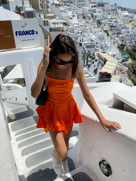 Jolie robe de soirée en satin orange à col licou, coupe trapèze, tenue de soirée pour 18e anniversaire, robe de remise de diplôme, robe de cocktail courte et courte, DH2498