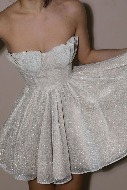 Pretty A line Strapless White Sequin Short Formal 8th Grade Homecoming Dresses Summer Middle School Hoco Dress Homecoming Outfits DH250