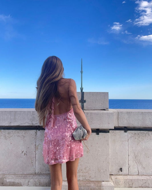 Jolie robe de soirée trapèze à paillettes roses, col licou, tenue de soirée pour 18e anniversaire, robe de remise de diplôme, mini robe courte Hoco DH2509