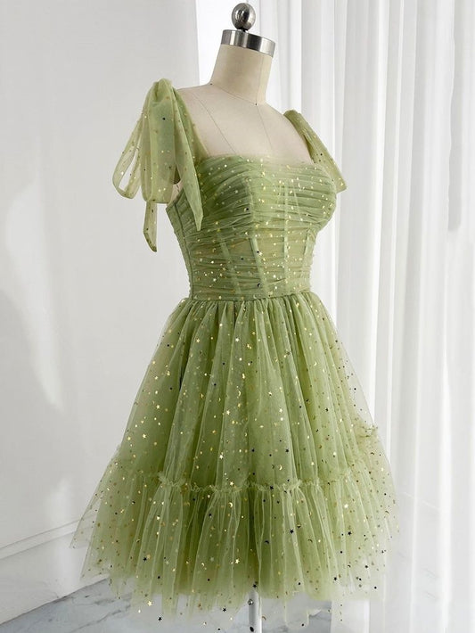 Trendy A line Straps Sage Green Tulle Mini Short Formal 8th Grade Homecoming Dresses Summer Middle School Hoco Dress Homecoming Outfits DH251