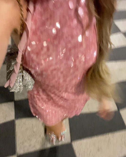 Robe de soirée élégante à paillettes roses, coupe trapèze, col licou, tenue de soirée pour 18e anniversaire, robe de remise de diplôme, robe courte Hoco DH2510