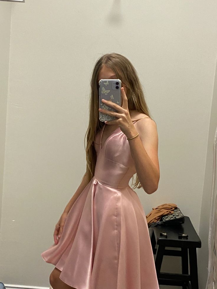 Robe de soirée courte en satin rose à bretelles spaghetti, coupe trapèze, tenue de remise de diplôme, mini robe Hoco DH2516