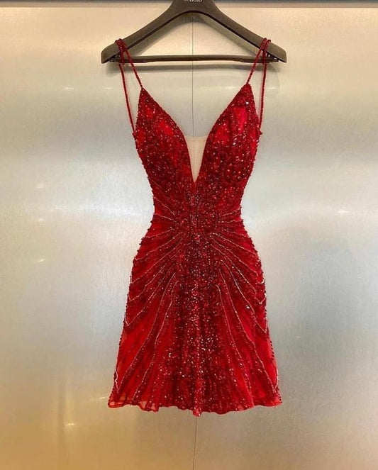 Trendy A line Spaghetti Straps Red Tulle Mini Short Formal 8th Grade Homecoming Dresses Summer Middle School Hoco Dress Homecoming Outfits DH252