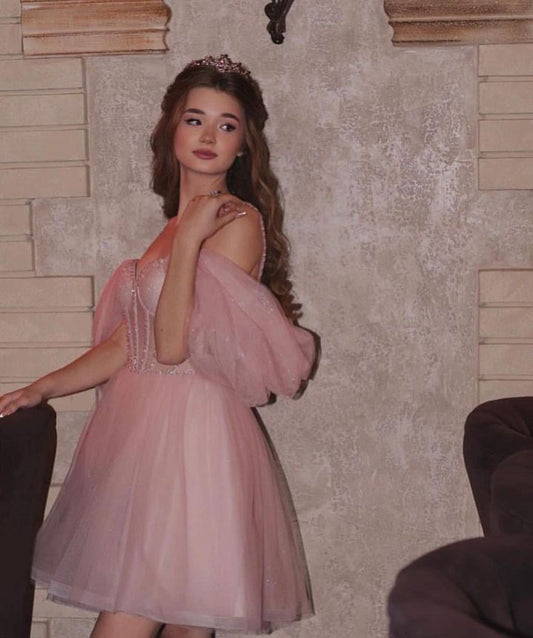 Jolie robe de bal à bretelles spaghetti en tulle rose, tenue de soirée courte pour 16e anniversaire, robe de remise de diplôme, mini robe Hoco DH2520