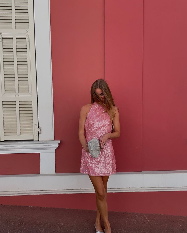 Robe de soirée trapèze modeste à col haut et paillettes roses, tenue de soirée pour 18e anniversaire, robe de remise de diplôme, mini robe courte Hoco DH2522