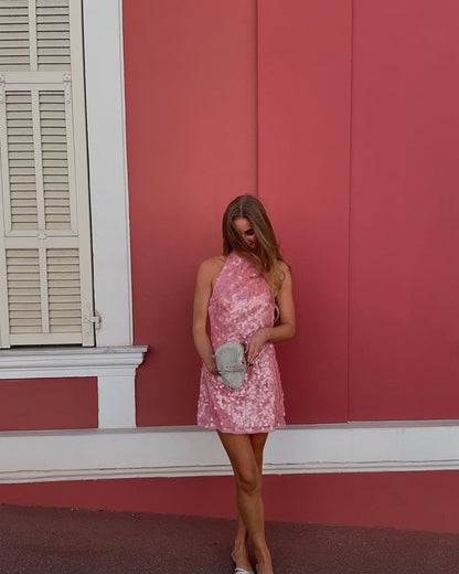 Robe de soirée trapèze modeste à col haut et paillettes roses, tenue de soirée pour 18e anniversaire, robe de remise de diplôme, mini robe courte Hoco DH2522