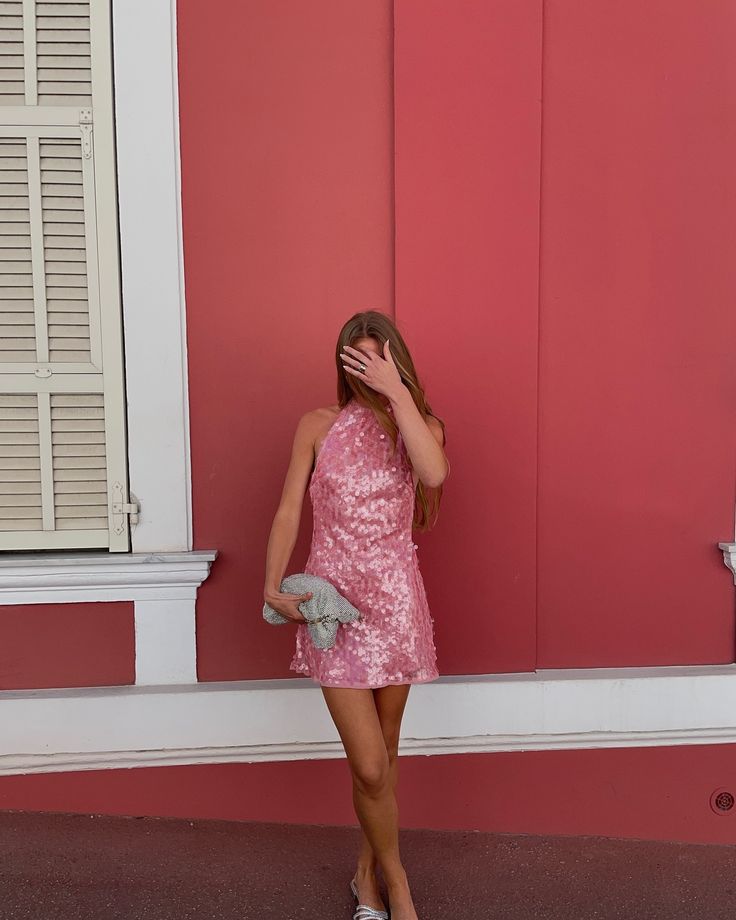 Robe de soirée trapèze modeste à col haut et paillettes roses, tenue de soirée pour 18e anniversaire, robe de remise de diplôme, mini robe courte Hoco DH2522