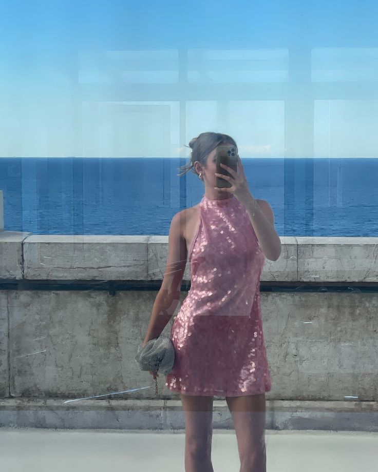 Robe de soirée trapèze modeste à col haut et paillettes roses, tenue de soirée pour 18e anniversaire, robe de remise de diplôme, mini robe courte Hoco DH2522