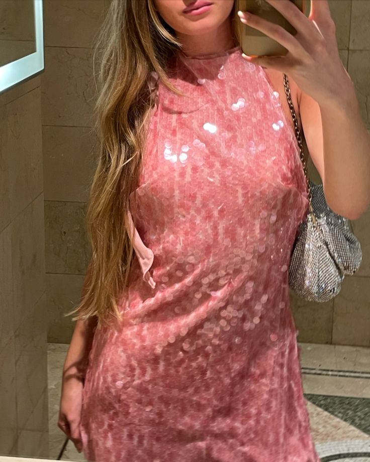 Robe de soirée trapèze modeste à col haut et paillettes roses, tenue de soirée pour 18e anniversaire, robe de remise de diplôme, mini robe courte Hoco DH2522
