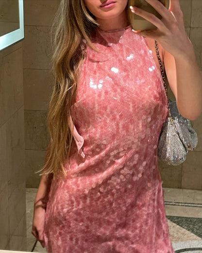Robe de soirée trapèze modeste à col haut et paillettes roses, tenue de soirée pour 18e anniversaire, robe de remise de diplôme, mini robe courte Hoco DH2522