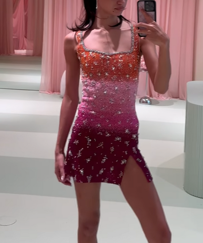 Pretty Sheath Square Neck Pink Sequin Formal Homecoming Dresses 18th Birthday Outfits Graduation Dress Short Hoco Dresses DH2523