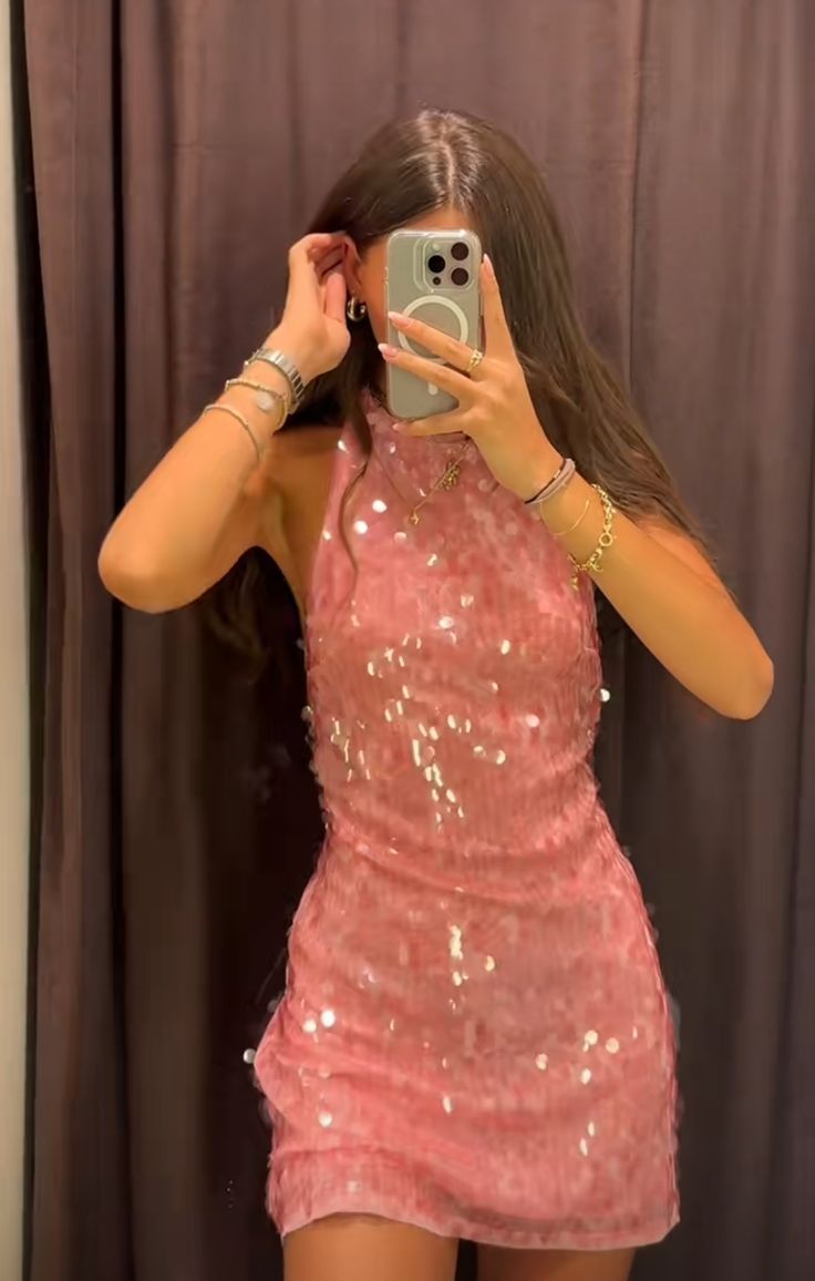 Robe de soirée trapèze modeste à col haut et paillettes roses, tenue de soirée pour 18e anniversaire, robe de remise de diplôme, mini robe courte Hoco DH2522