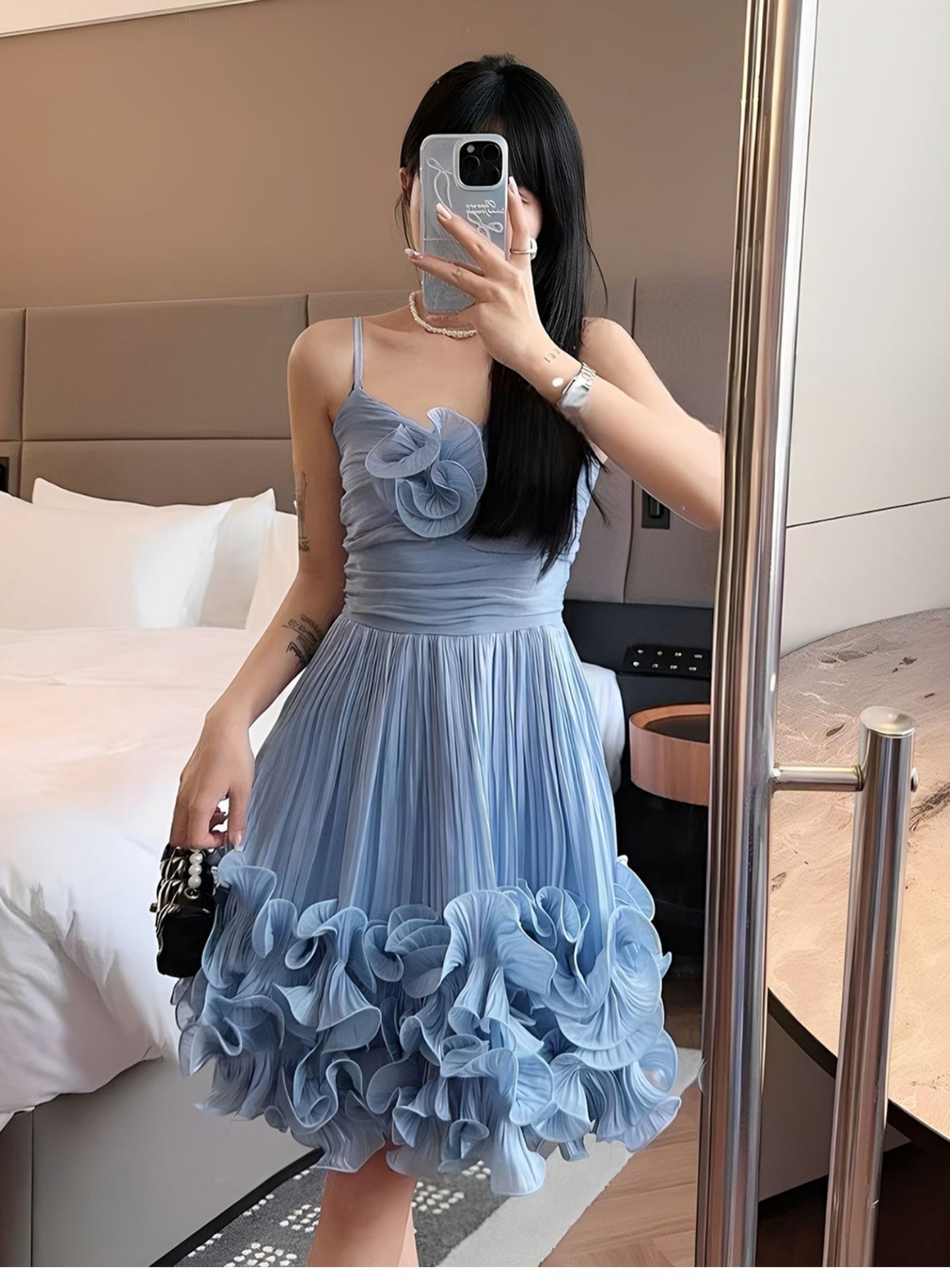 Robe de bal modeste à bretelles spaghetti bleu poudré, robe de soirée courte pour 16e anniversaire, robe de remise de diplôme, mini robe Hoco DH2531