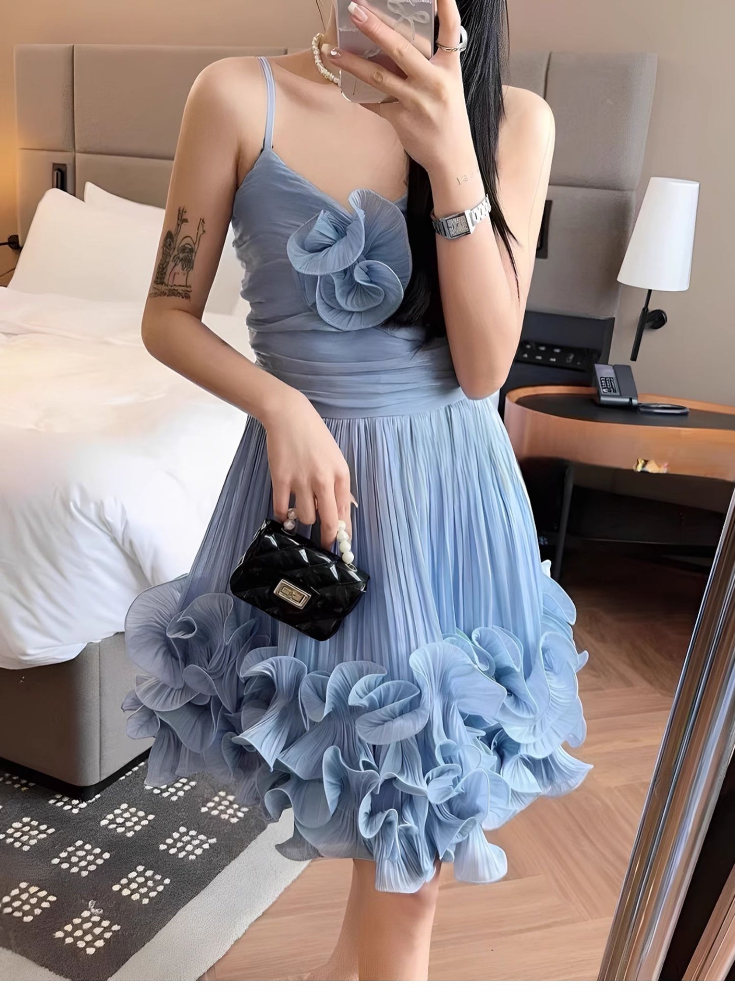 Robe de bal modeste à bretelles spaghetti bleu poudré, robe de soirée courte pour 16e anniversaire, robe de remise de diplôme, mini robe Hoco DH2531