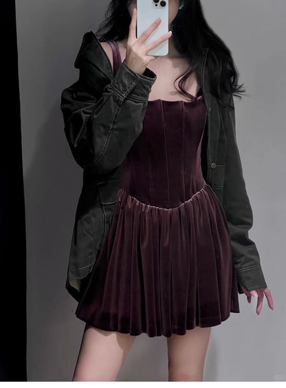 Robe de soirée élégante en velours bordeaux, coupe trapèze, col carré, tenue de 18e anniversaire, robe de remise de diplôme, mini robe courte Hoco DH2532