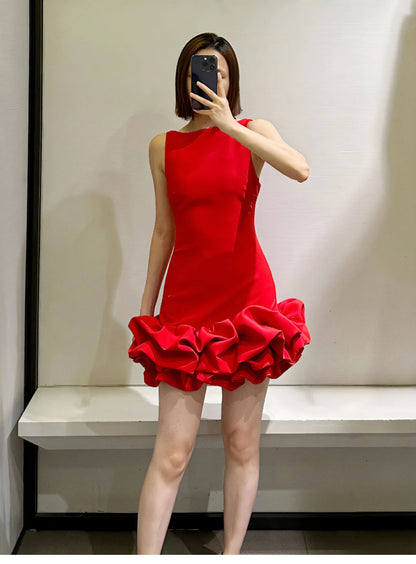 Robe fourreau sexy à col rond en satin rouge, courte, tenue de soirée, robe d'été Hoco, mini robe de cocktail DH2533