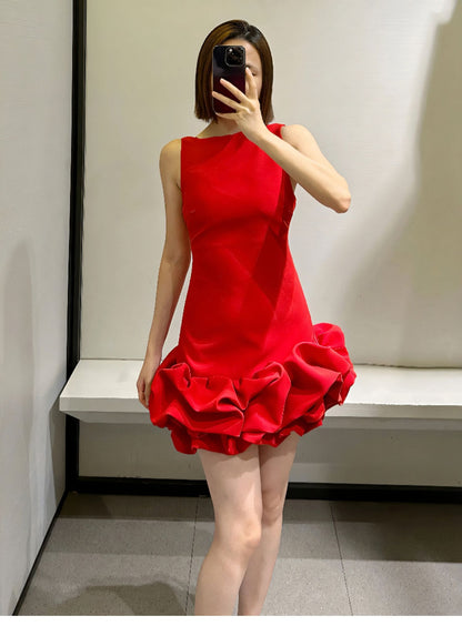 Robe fourreau sexy à col rond en satin rouge, courte, tenue de soirée, robe d'été Hoco, mini robe de cocktail DH2533