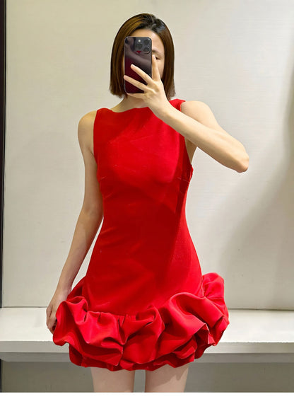 Robe fourreau sexy à col rond en satin rouge, courte, tenue de soirée, robe d'été Hoco, mini robe de cocktail DH2533