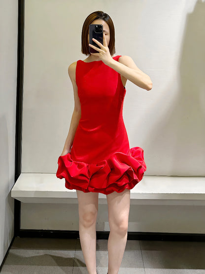 Robe fourreau sexy à col rond en satin rouge, courte, tenue de soirée, robe d'été Hoco, mini robe de cocktail DH2533
