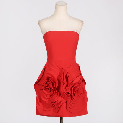 Robe de soirée en satin rouge, coupe trapèze, sans bretelles, tenue de soirée, pour 18e anniversaire, robe de remise de diplôme, courte, mini, Hoco, DH2535