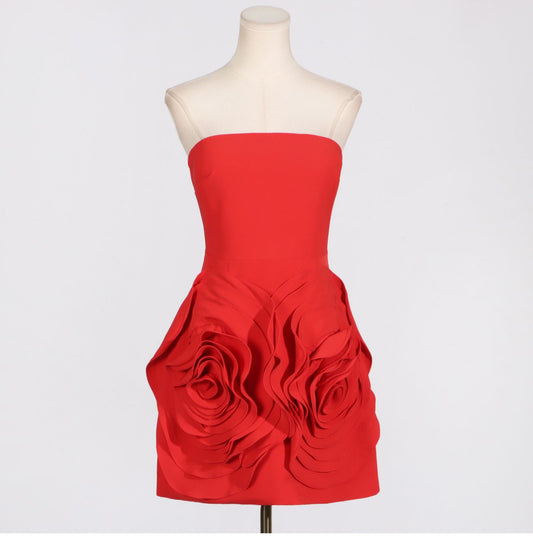 Robe de soirée en satin rouge, coupe trapèze, sans bretelles, tenue de soirée, pour 18e anniversaire, robe de remise de diplôme, courte, mini, Hoco, DH2535