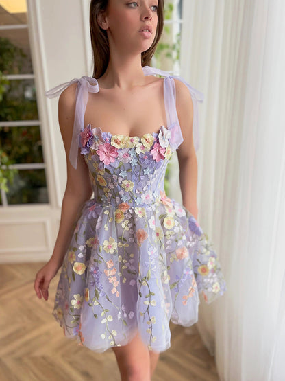 Robe de soirée trapèze mignonne à bretelles spaghetti en tulle lilas et dentelle, tenue de soirée pour 18e anniversaire, robe de remise de diplôme, mini robe courte Hoco DH2538