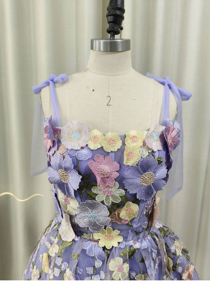 Robe de soirée trapèze mignonne à bretelles spaghetti en tulle lilas et dentelle, tenue de soirée pour 18e anniversaire, robe de remise de diplôme, mini robe courte Hoco DH2538