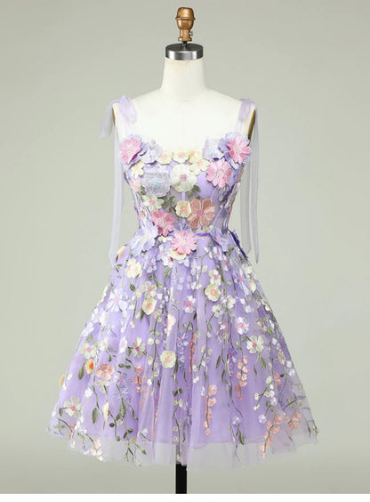 Robe de soirée trapèze mignonne à bretelles spaghetti en tulle lilas et dentelle, tenue de soirée pour 18e anniversaire, robe de remise de diplôme, mini robe courte Hoco DH2538