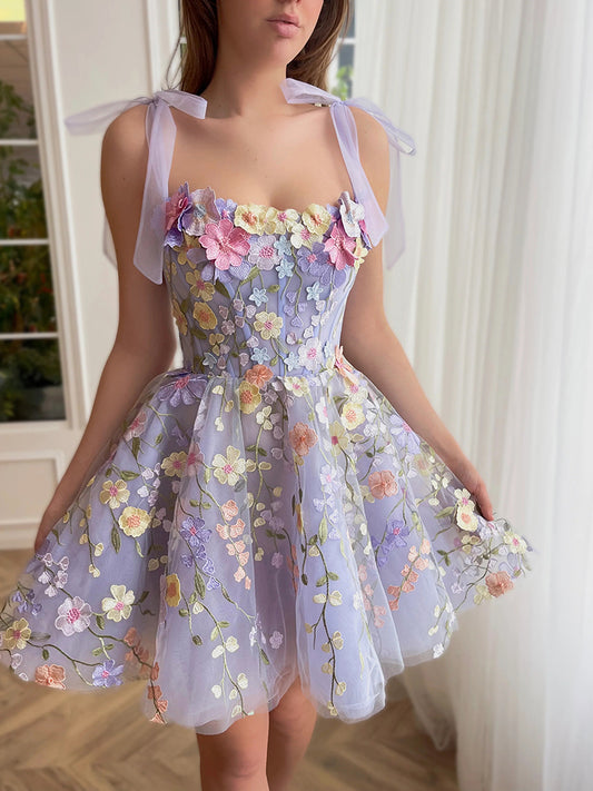 Robe de soirée trapèze mignonne à bretelles spaghetti en tulle lilas et dentelle, tenue de soirée pour 18e anniversaire, robe de remise de diplôme, mini robe courte Hoco DH2538