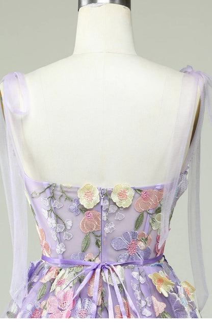Robe de soirée trapèze mignonne à bretelles spaghetti en tulle lilas et dentelle, tenue de soirée pour 18e anniversaire, robe de remise de diplôme, mini robe courte Hoco DH2538