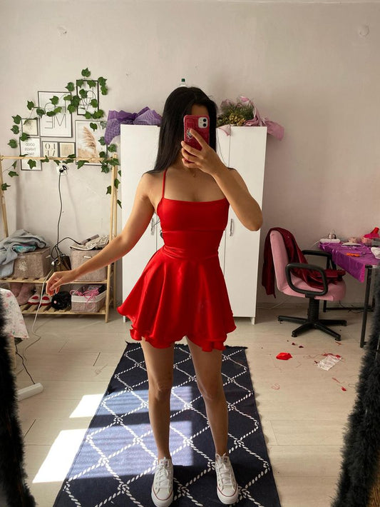 Cute A line Spaghetti Straps Red Satin Mini Short Formal 8th Grade Homecoming Dresses Summer Middle School Hoco Dress Homecoming Outfits DH254
