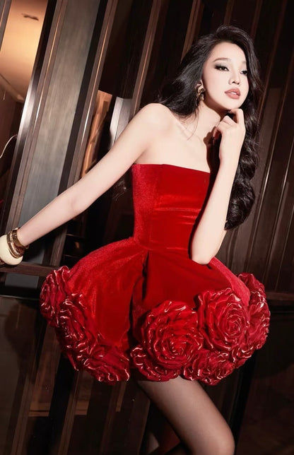Robe de bal sexy bustier en satin rouge, tenue de soirée formelle, tenue de 18e anniversaire, robe de remise de diplôme, robe courte Hoco DH2544