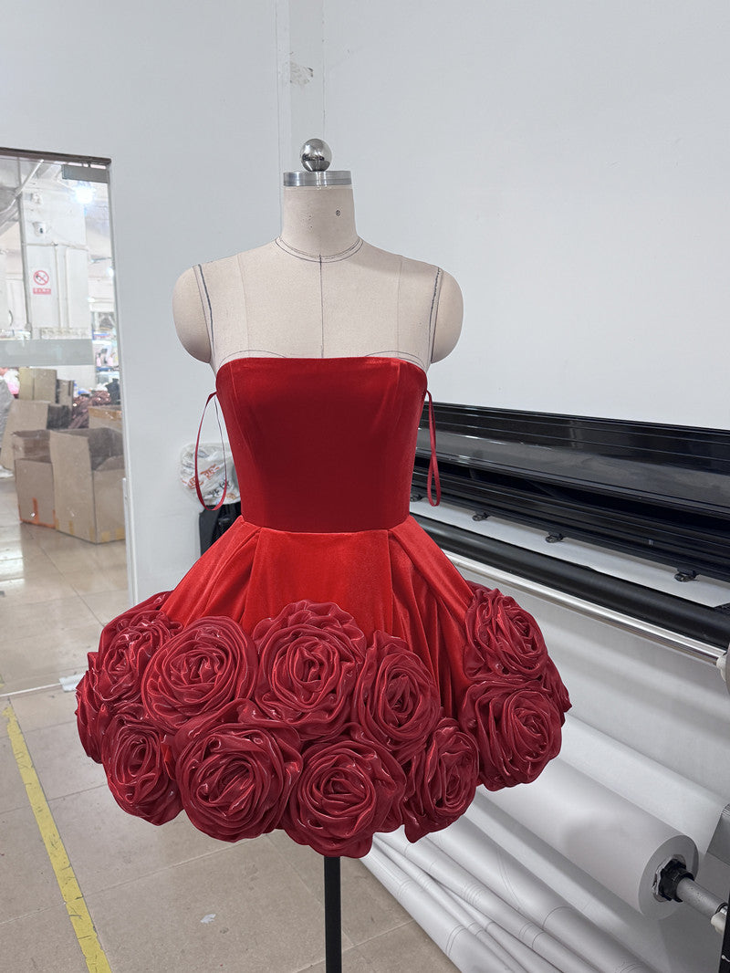 Robe de bal sexy bustier en satin rouge, tenue de soirée formelle, tenue de 18e anniversaire, robe de remise de diplôme, robe courte Hoco DH2544