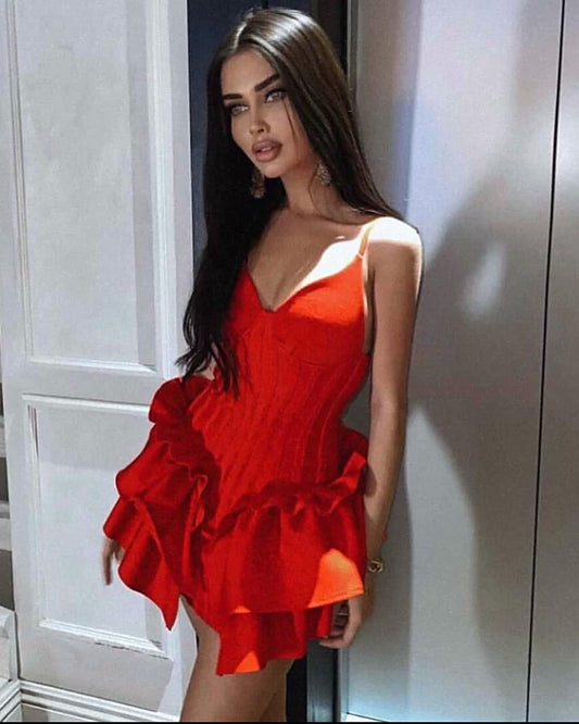 Robe de soirée trapèze en satin rouge à bretelles spaghetti, tenue de soirée pour 16e anniversaire, robe de remise de diplôme, mini robe courte Hoco DH2548