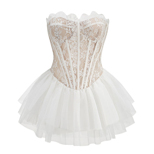 Robe de soirée sexy en dentelle blanche, coupe trapèze, sans bretelles, tenue de soirée, pour 18e anniversaire, robe de remise de diplôme, mini robe courte Hoco DH2551
