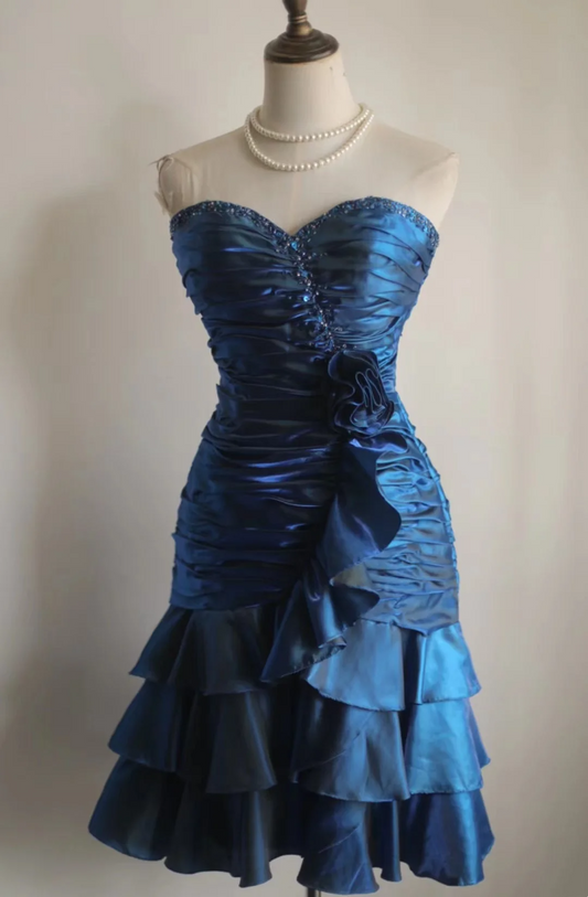 Robe fourreau vintage en satin bleu marine, décolleté en cœur, tenue de soirée formelle pour 18e anniversaire, robe de remise de diplôme, mini robe courte Hoco DH2557