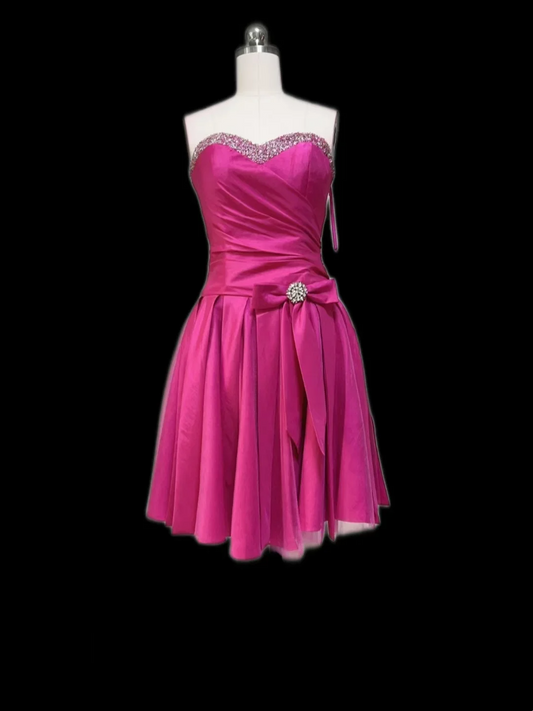 Robe de soirée courte en satin rose vif, coupe trapèze, décolleté en cœur, tenue de soirée formelle pour le collège, tenue Hoco DH2561
