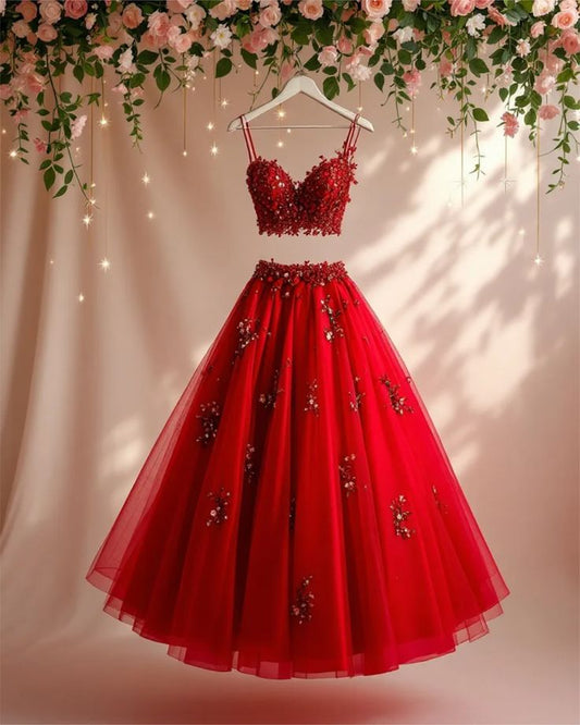 Elegant Ball Gown 2 Pieces Spaghetti Straps Red Tulle Long Prom Dresses Party Dress 21st Birthday Outfits Graduation Dresses DH2562