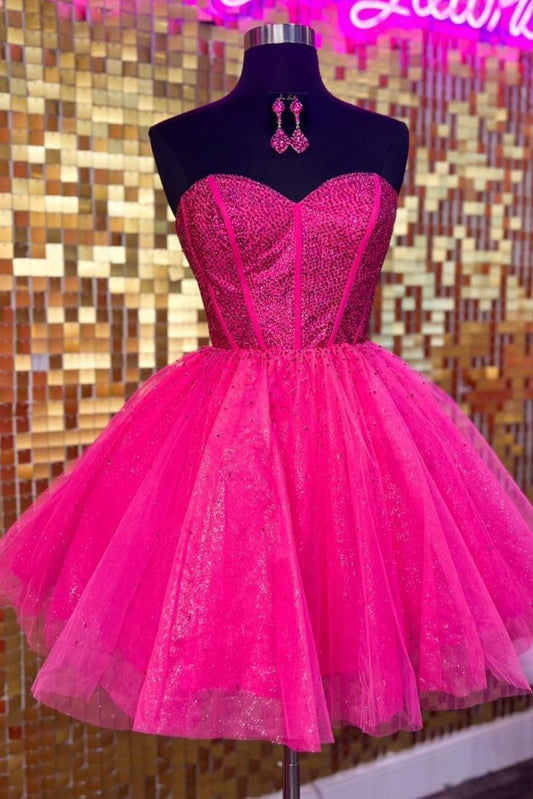 Robe de bal rétro en tulle rose vif, décolleté en cœur, robe de soirée formelle, robe de bal de fin d'année, robe courte courte Hoco DH2563