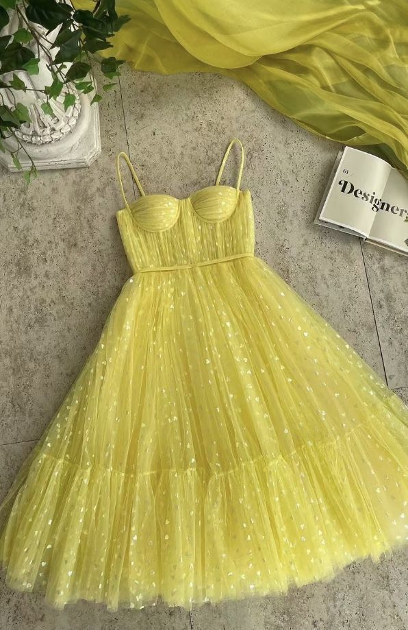 Cute A Line Spaghetti Straps Yellow Tulle Formal 8th Grade Homecoming Dresses Middle School Cocktail Dress Hoco Outfits DH2565