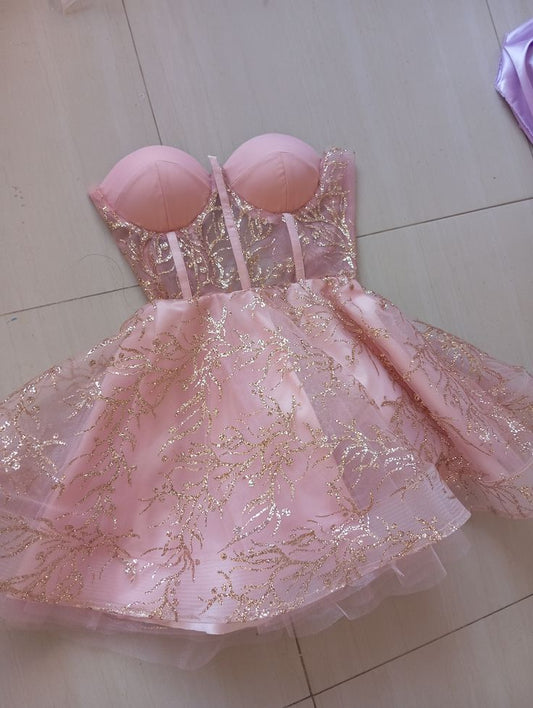 Robe de bal mignonne en forme de cœur, rose clair, à paillettes, robe de soirée formelle, robe de bal de fin d'année, robe courte courte Hoco DH2566