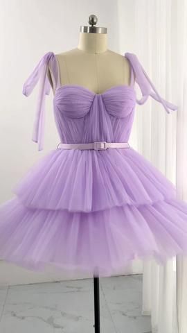 Robe de bal courte et élégante en tulle lilas, à bretelles, pour le bal de fin d'année, tenue de cocktail pour le collège, tenue Hoco DH2568