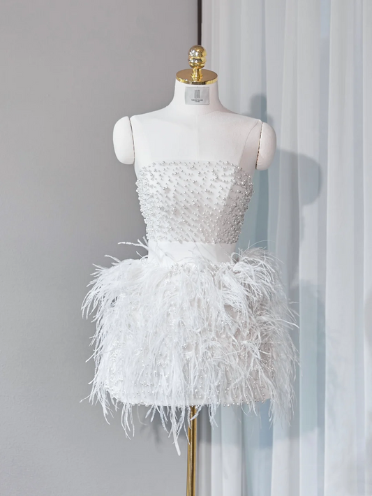 Robe de bal princesse bustier à plumes blanches, courte, formelle, robe de soirée, robe de cocktail, tenue Hoco DH2569