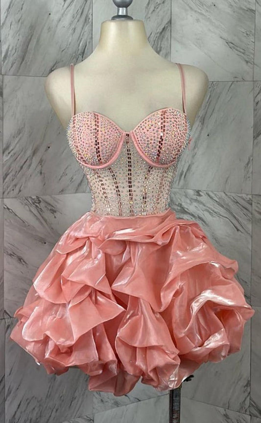Robe de bal modeste à bretelles spaghetti en organza rose blush, robe de soirée de remise de diplôme, robe courte Hoco DH2578