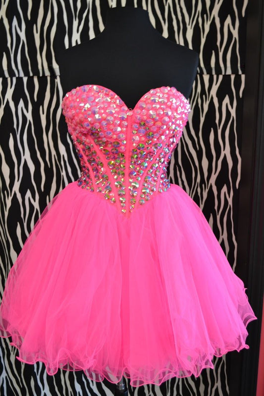 Robe de bal modeste en tulle rose, décolleté en cœur, robe de soirée formelle, robe de bal de fin d'année, robe courte Hoco DH2579