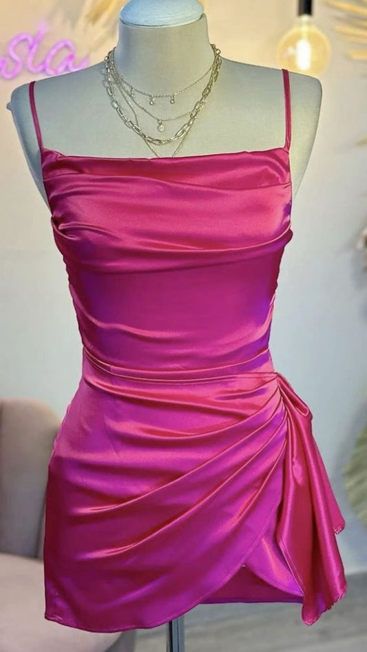 Cute Sheath Spaghetti Straps Hot Pink Satin Mini Short Formal 8th Grade Homecoming Dresses Summer Middle School Hoco Dress Homecoming Outfits DH258